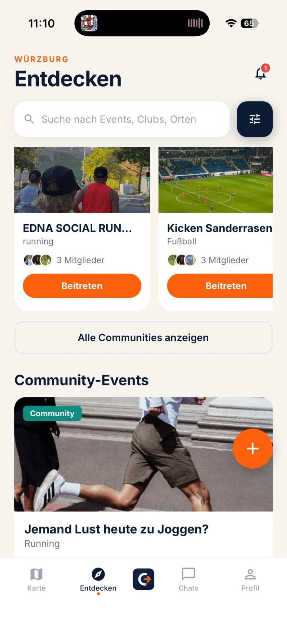 Communities in der CliqOut App mit Beitreten-Schaltfläche