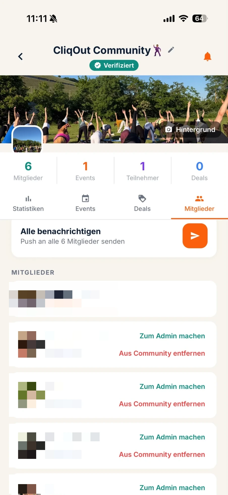 Innenansicht einer Community in der CliqOut App mit Events, Deals und Mitgliedern