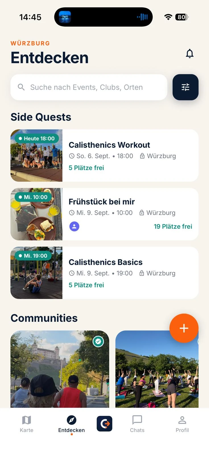 Entdecken-Bildschirm mit Side Quests für heute Abend