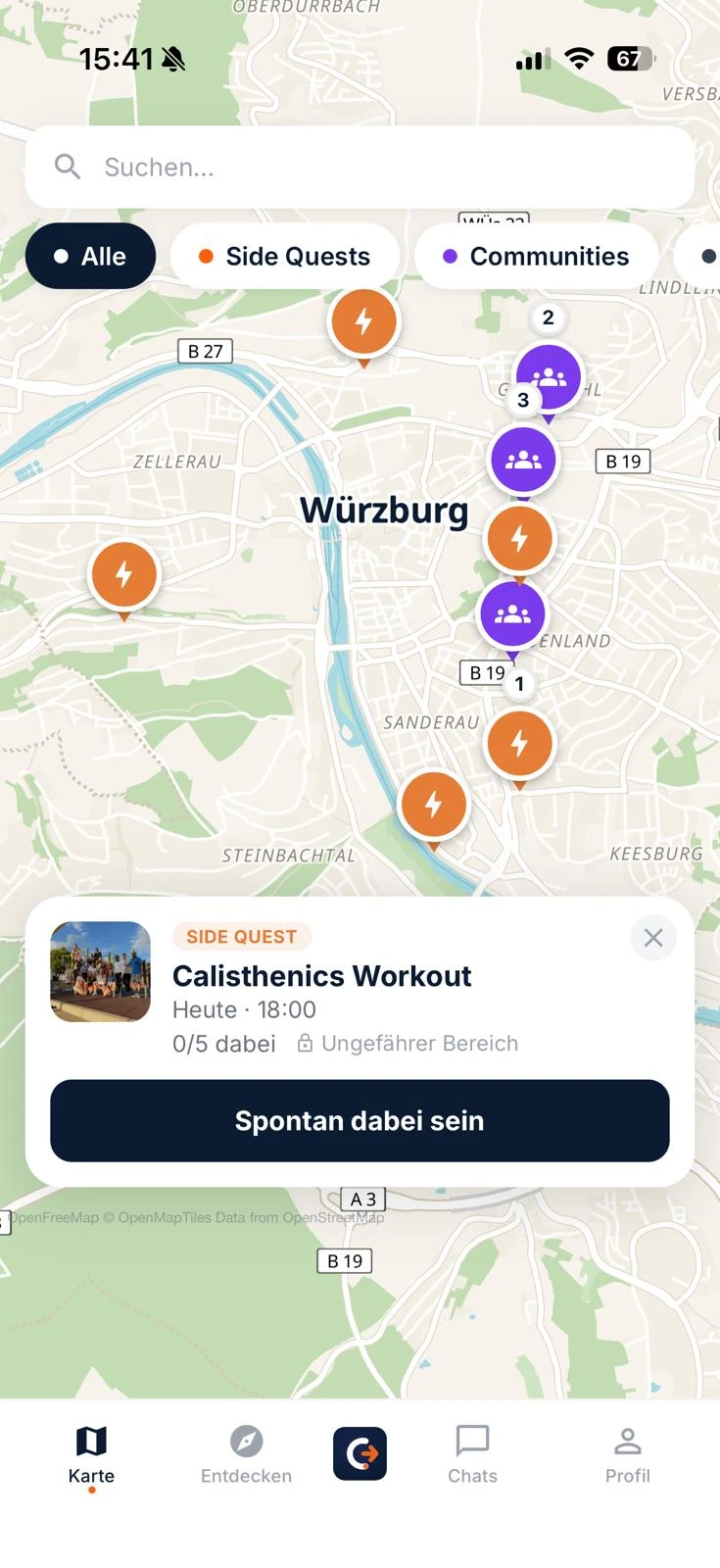 Die Karte von Würzburg in der CliqOut App mit Side Quests und Communities